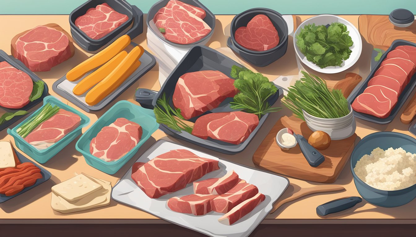 A kitchen counter with various raw meats, cutting boards, knives, and meal prep containers