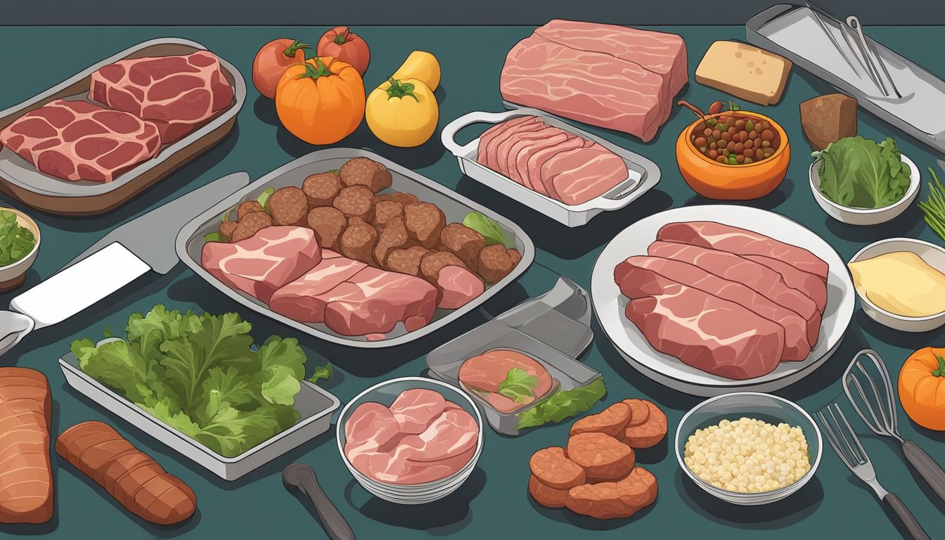 A kitchen counter with various raw meats, vegetables, and cooking utensils laid out for meal prepping