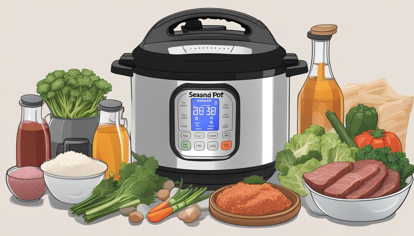 Various seasonings and flavor enhancers arranged around an Instant Pot, with raw meat and vegetables nearby