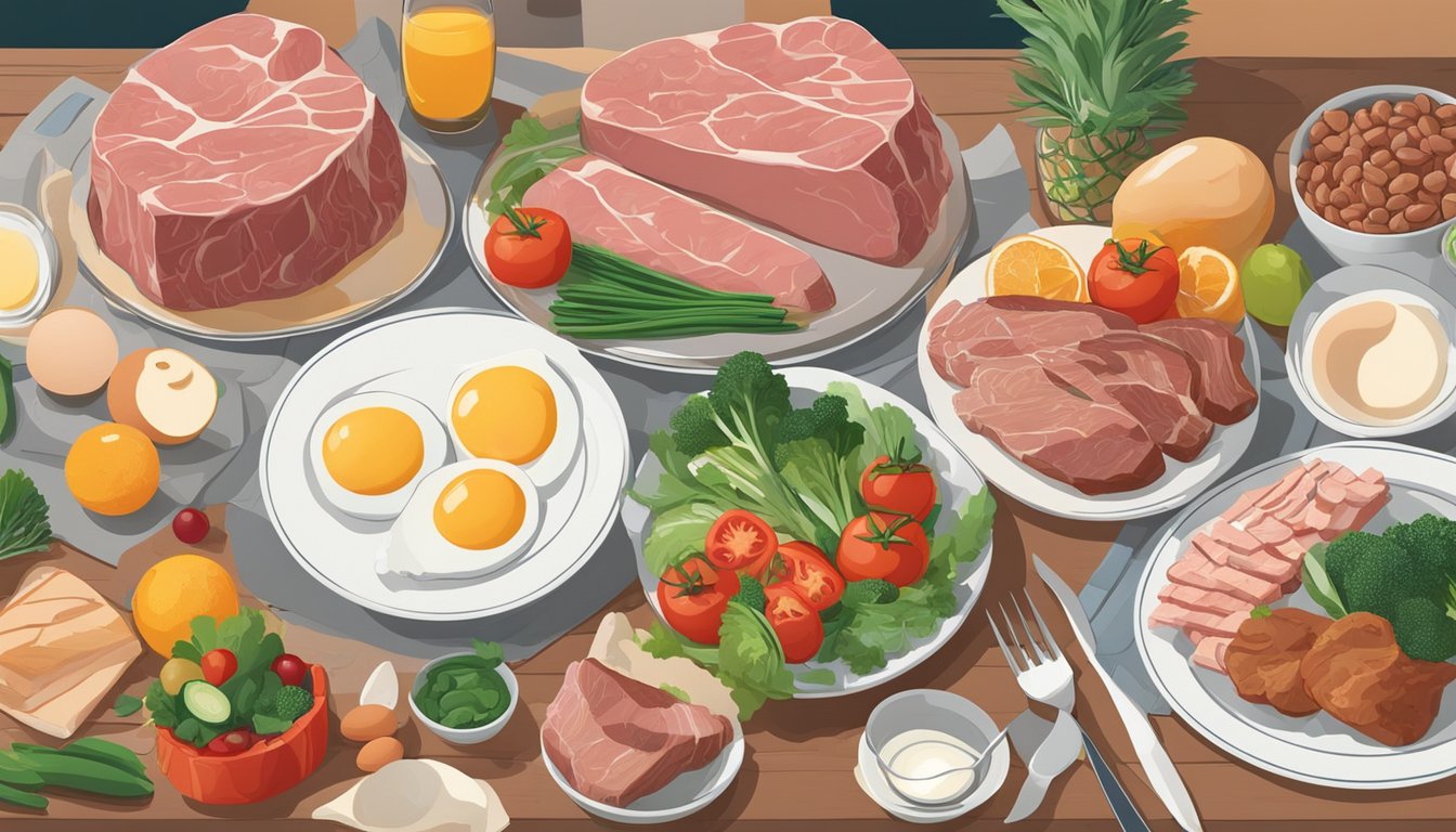 A table set with various cuts of meat, eggs, and dairy, surrounded by fresh vegetables and fruits. A person is preparing a meal, emphasizing the balance of nutrition and sustainability