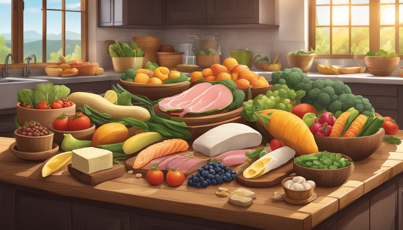 A vibrant, diverse array of fresh, whole animal products and nutrient-dense foods arranged on a wooden table in a sunlit kitchen