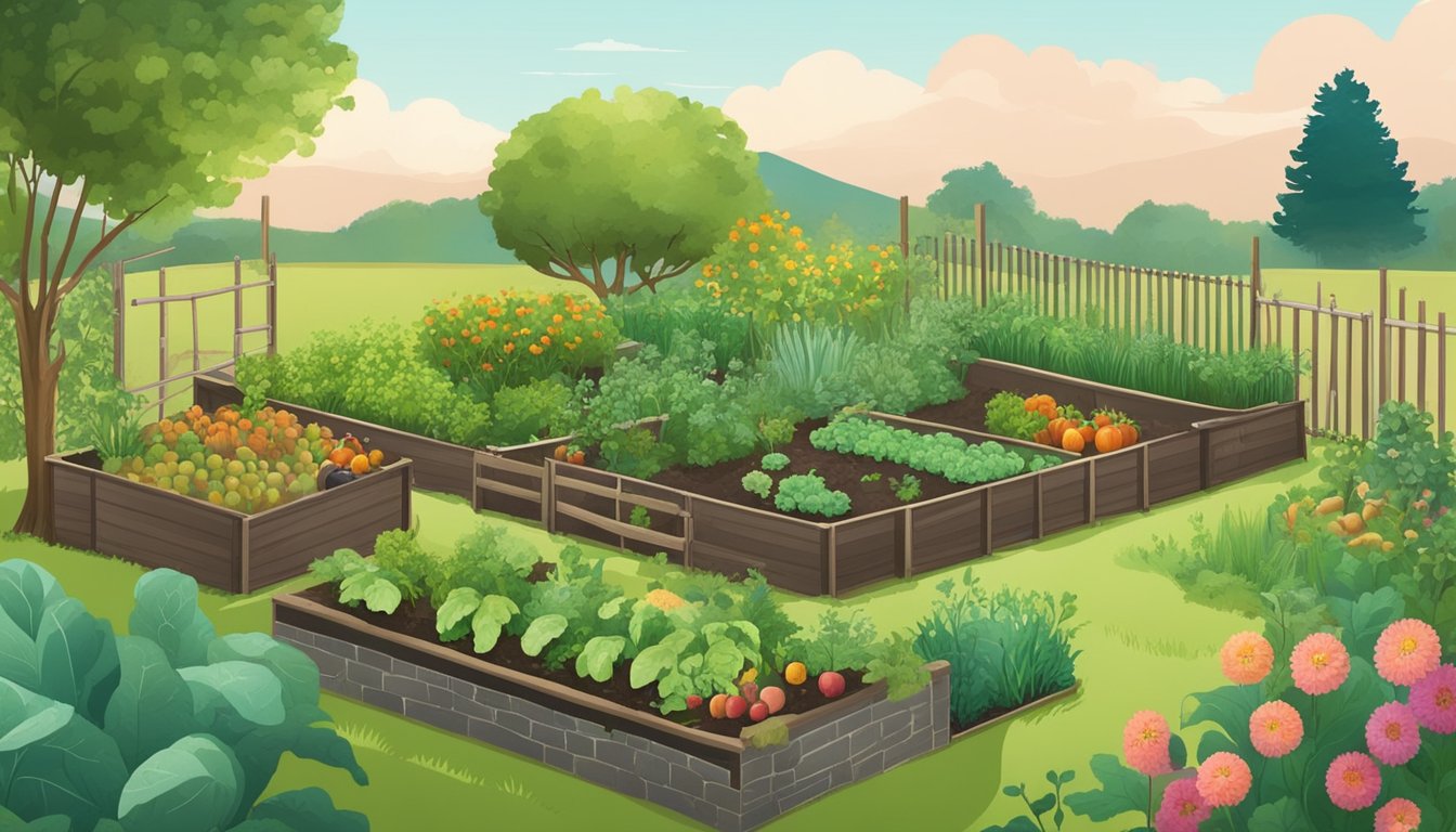 A lush garden with a variety of vegetables, fruits, and herbs growing alongside a small pasture with grazing livestock. A compost bin and rainwater collection system are also present