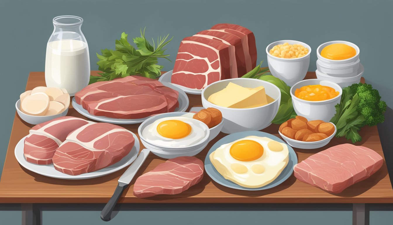 A table set with various cuts of meat, eggs, and dairy products, with no fruits, vegetables, or grains in sight