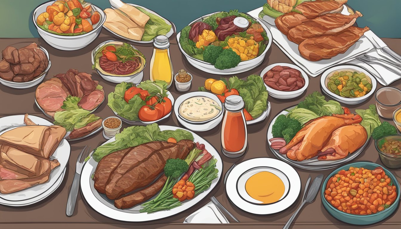 A table set with a variety of meats, vegetables, and condiments. A menu with carnivore-friendly options. A person making a reservation over the phone