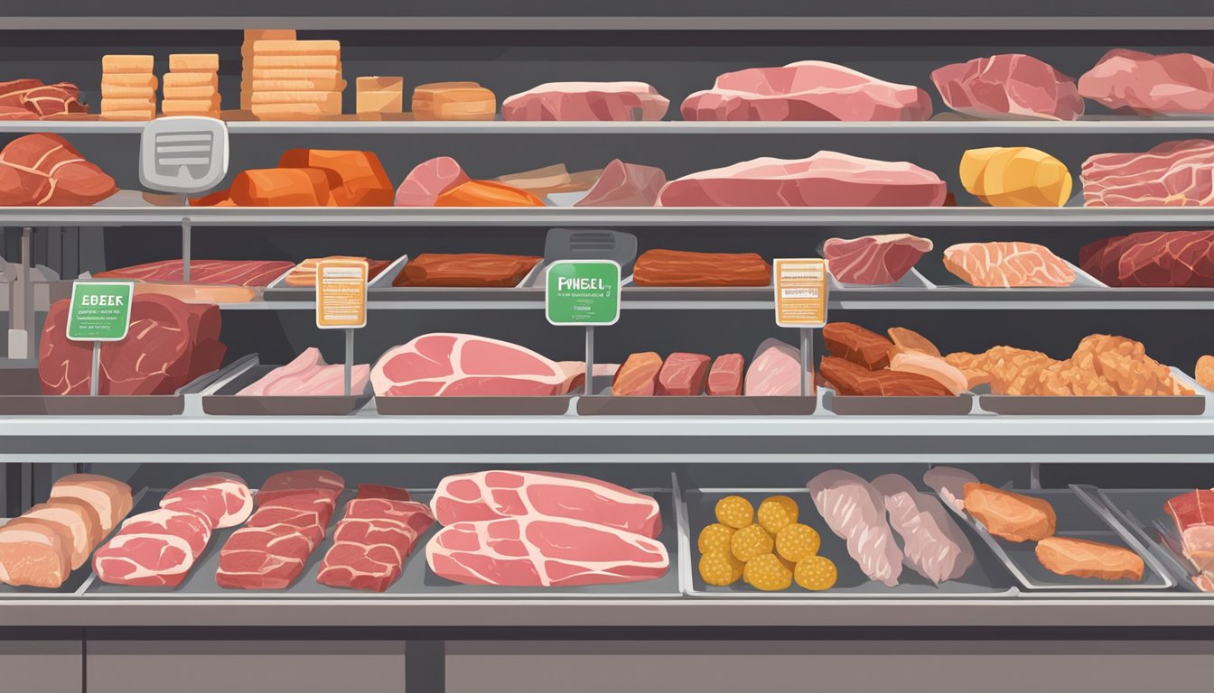 A variety of fresh meats, including beef, pork, and poultry, are displayed on a clean, organized grocery store shelf