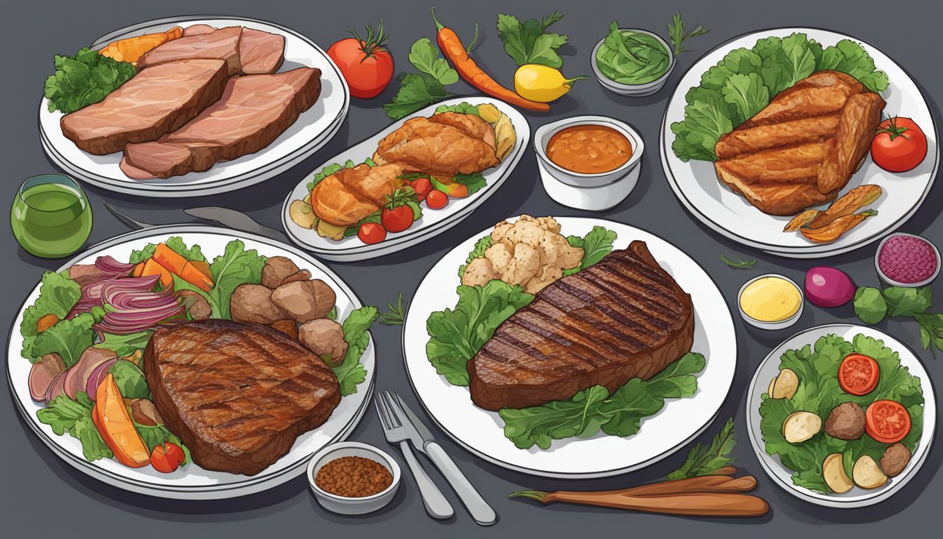 A plate with a variety of cooked meats, including steak, chicken, and fish, arranged neatly with a side of leafy greens and colorful vegetables