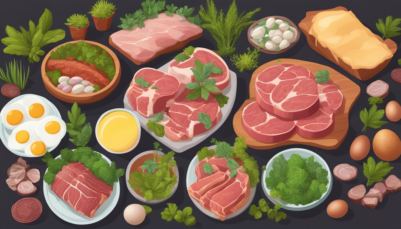 A table set with various raw meats, eggs, and animal-based fats, surrounded by a variety of carnivorous plants and herbs