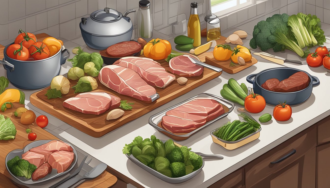 A kitchen counter with various fresh meats, vegetables, and cooking utensils laid out for meal preparation