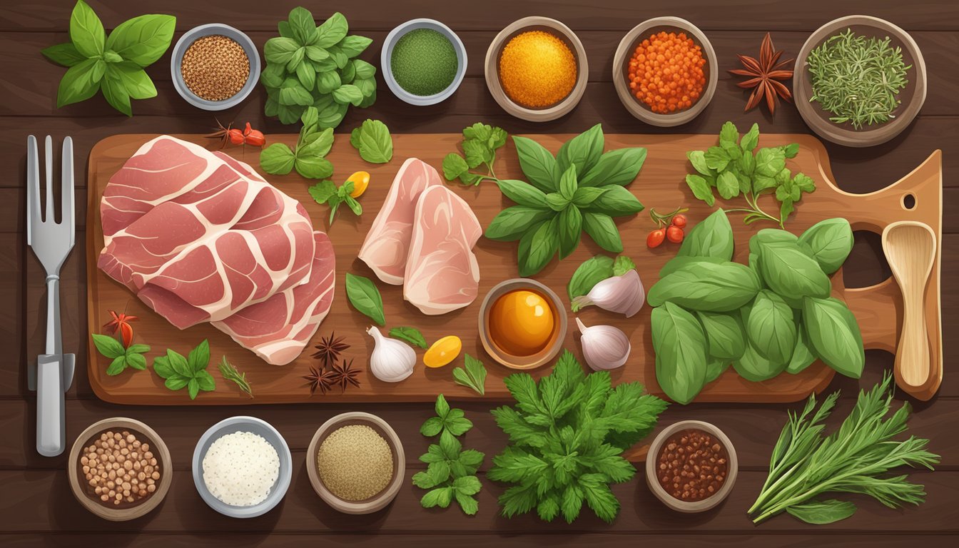 A variety of fresh herbs, spices, and meats arranged on a wooden cutting board