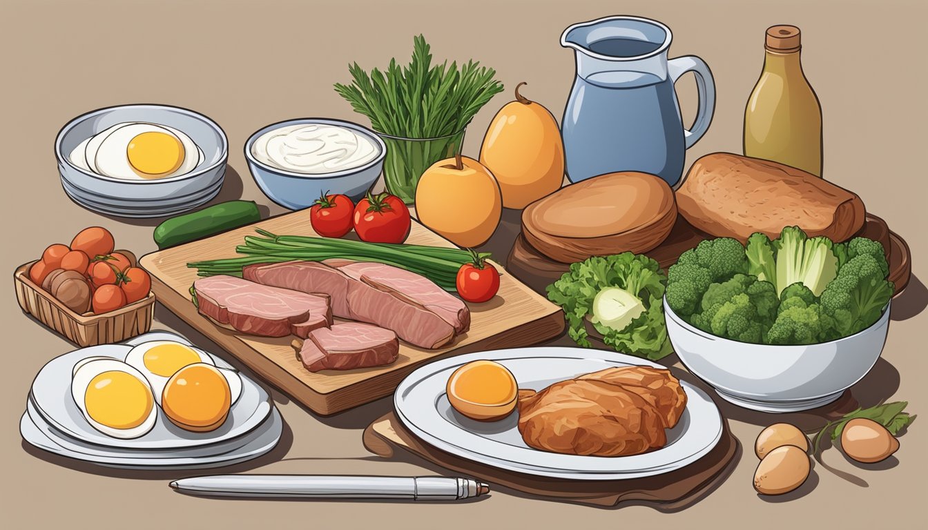 A table set with various meats, eggs, and dairy surrounded by fresh vegetables and fruits, with a notebook and pen for meal planning