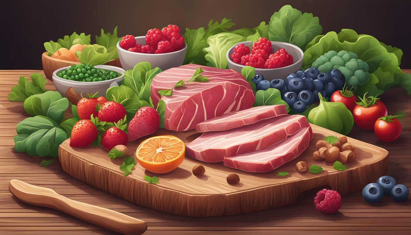 A variety of fresh, raw meats and organ meats arranged on a wooden cutting board, surrounded by vibrant green leafy vegetables and colorful berries