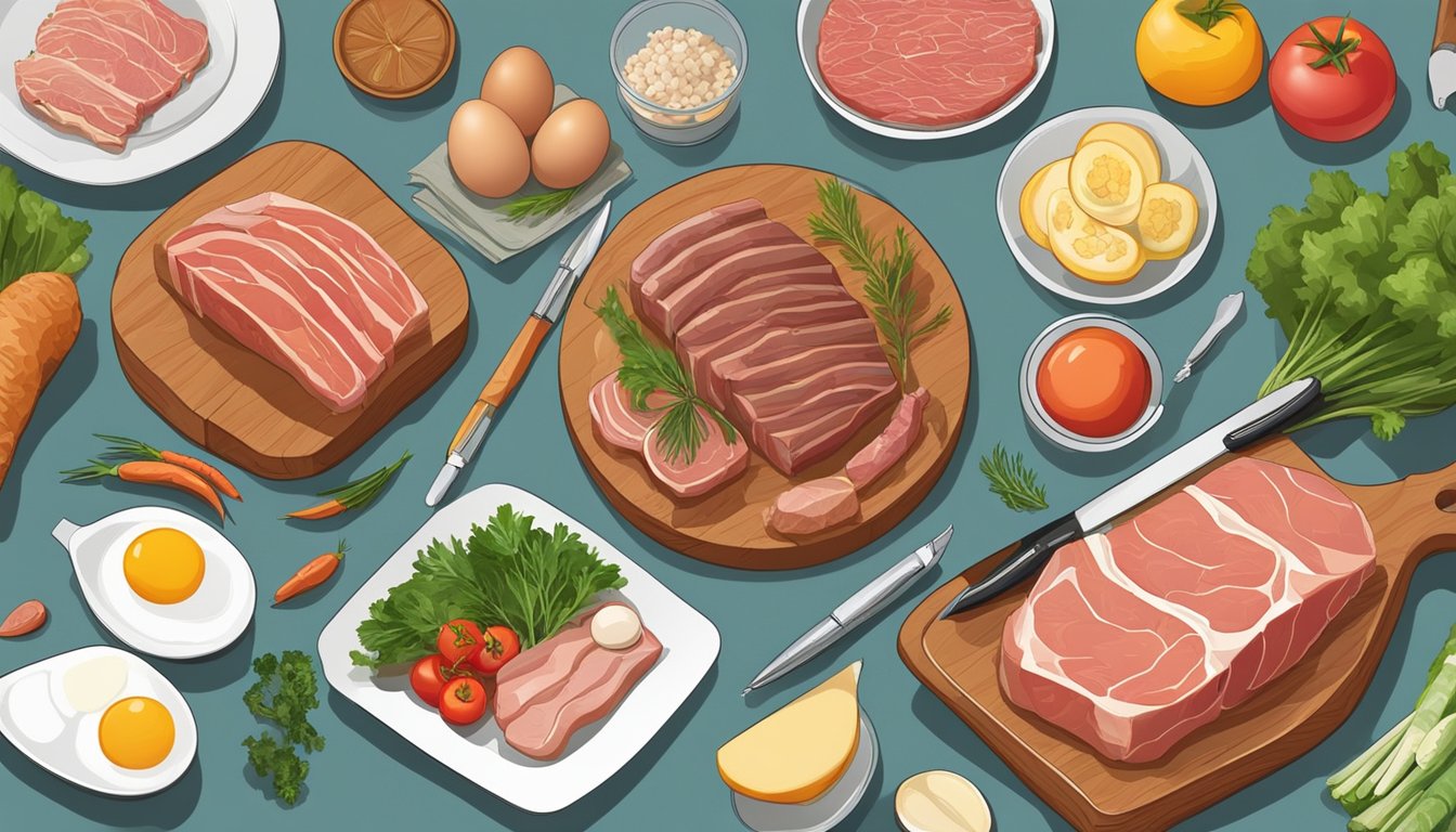 A table with various cuts of meat, fish, and eggs, surrounded by fresh vegetables and fruits. A person weighing and measuring portions, with a notebook and pen nearby