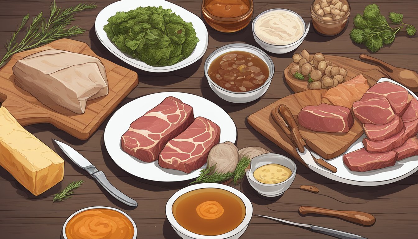 A variety of raw meats and animal products arranged on a wooden cutting board with a knife and a bowl of bone broth