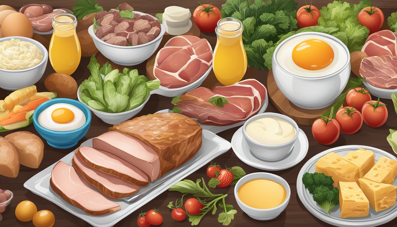 A table set with a variety of meats, eggs, and dairy products, surrounded by fresh vegetables and fruits