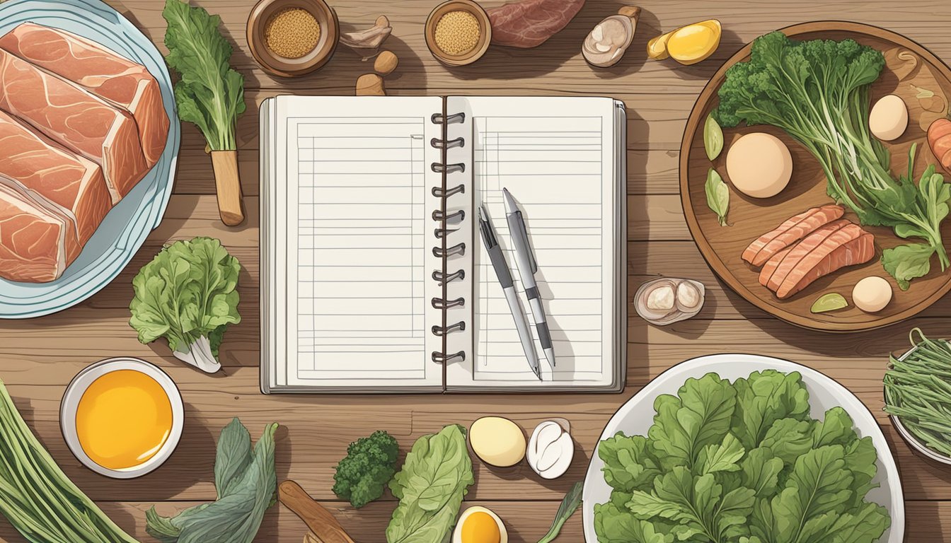 A variety of fresh meats, fish, eggs, and leafy greens laid out on a wooden table, with a notebook and pen for meal planning