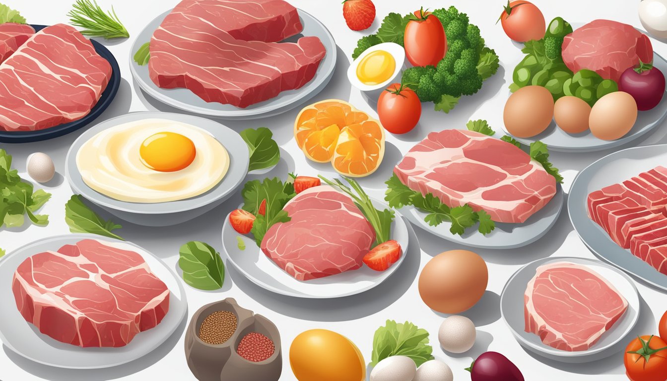 A variety of raw meat, fish, and eggs arranged on a clean, white surface with fresh vegetables and fruits in the background