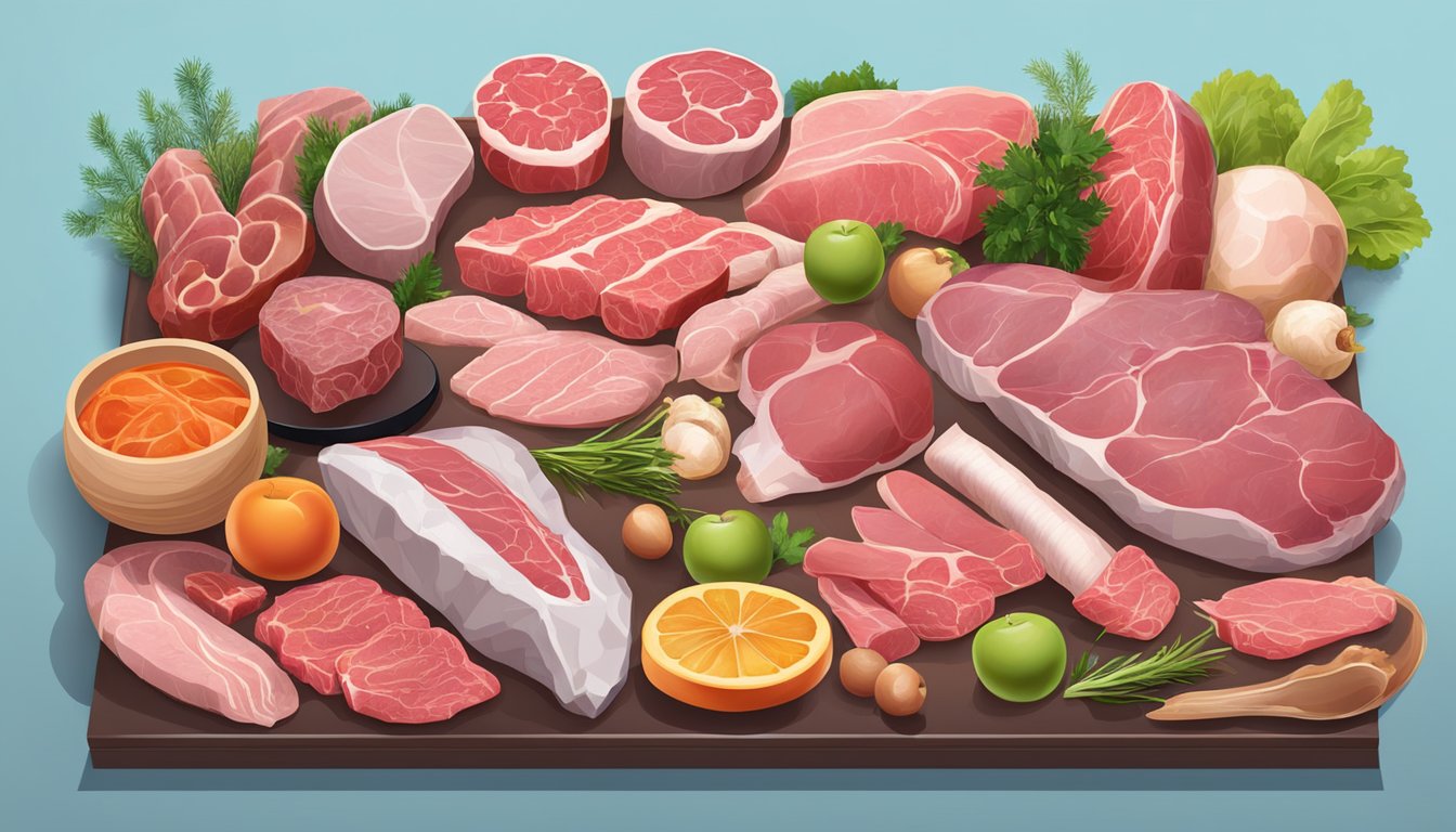 A variety of fresh raw meats, bones, and organs neatly arranged in a balanced and colorful display