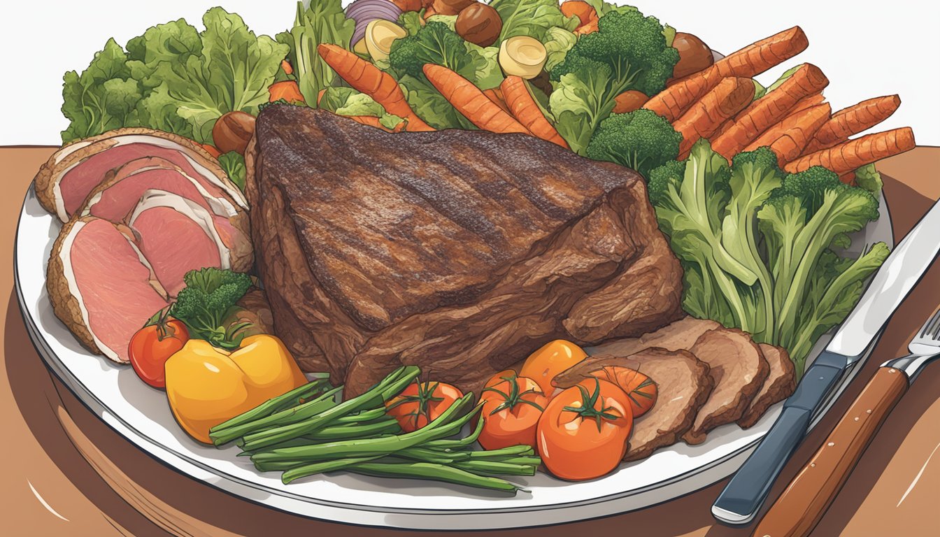 A carnivore diet plate with a variety of meats and non-starchy vegetables, with a person resisting cravings in the background