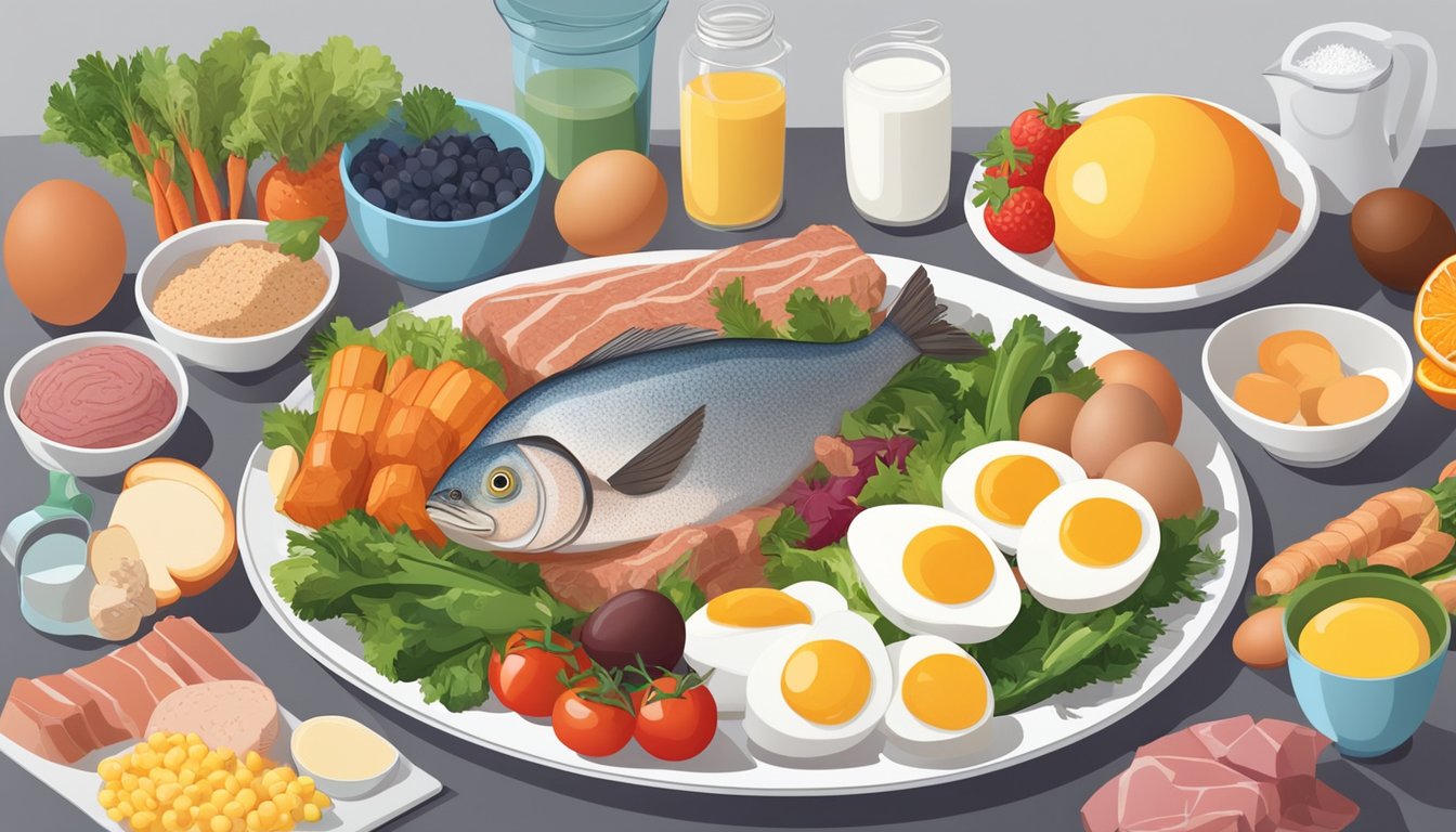 A variety of meats, eggs, and fish arranged on a plate, surrounded by colorful vegetables and fruits. A measuring cup filled with protein powder sits next to the plate