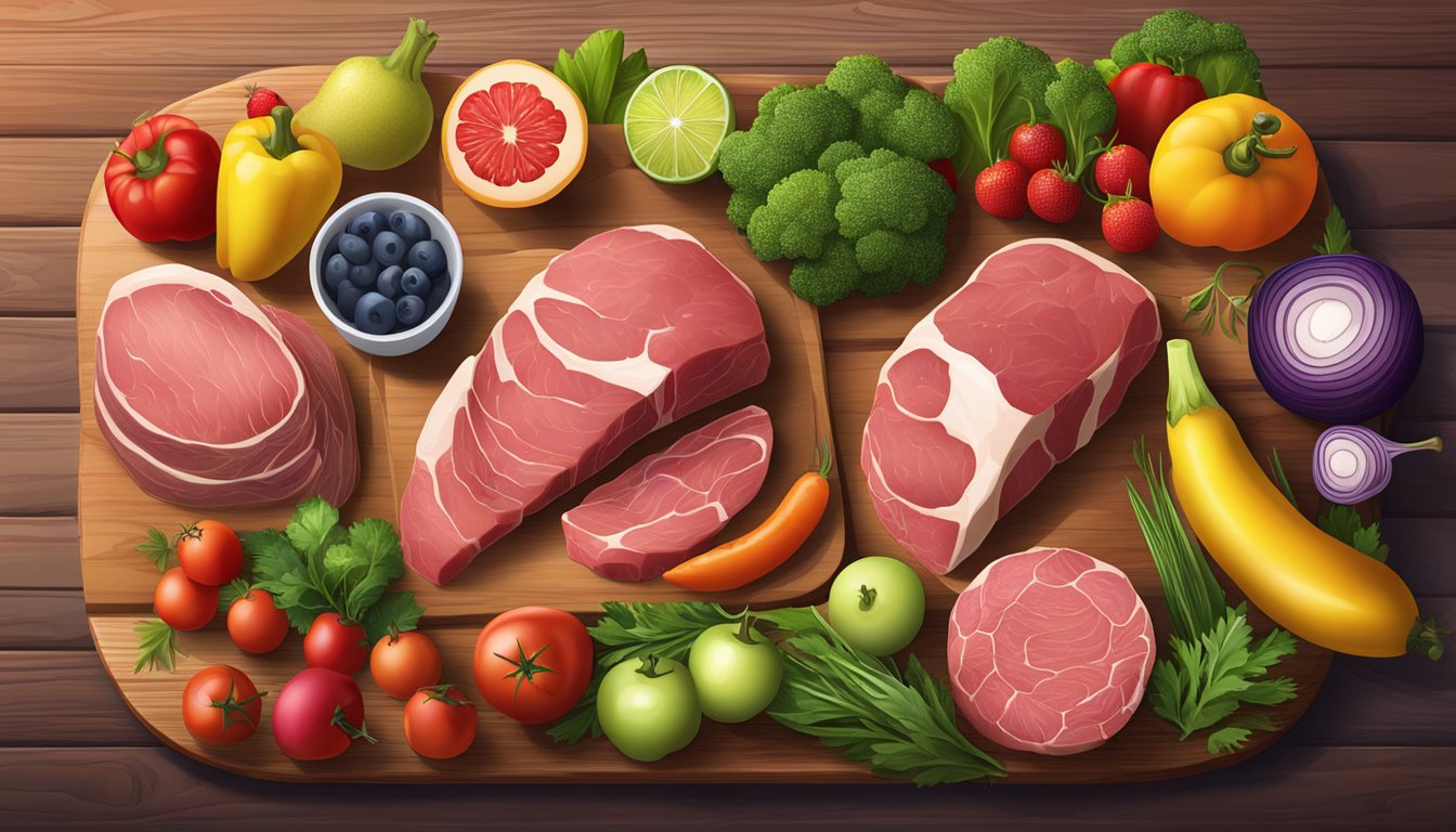 A variety of fresh, raw meats and organ meats displayed on a wooden cutting board, surrounded by vibrant, colorful vegetables and fruits