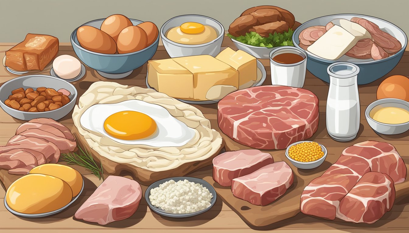 A table filled with various types of meats, eggs, and dairy products, alongside a calculator and nutritional charts