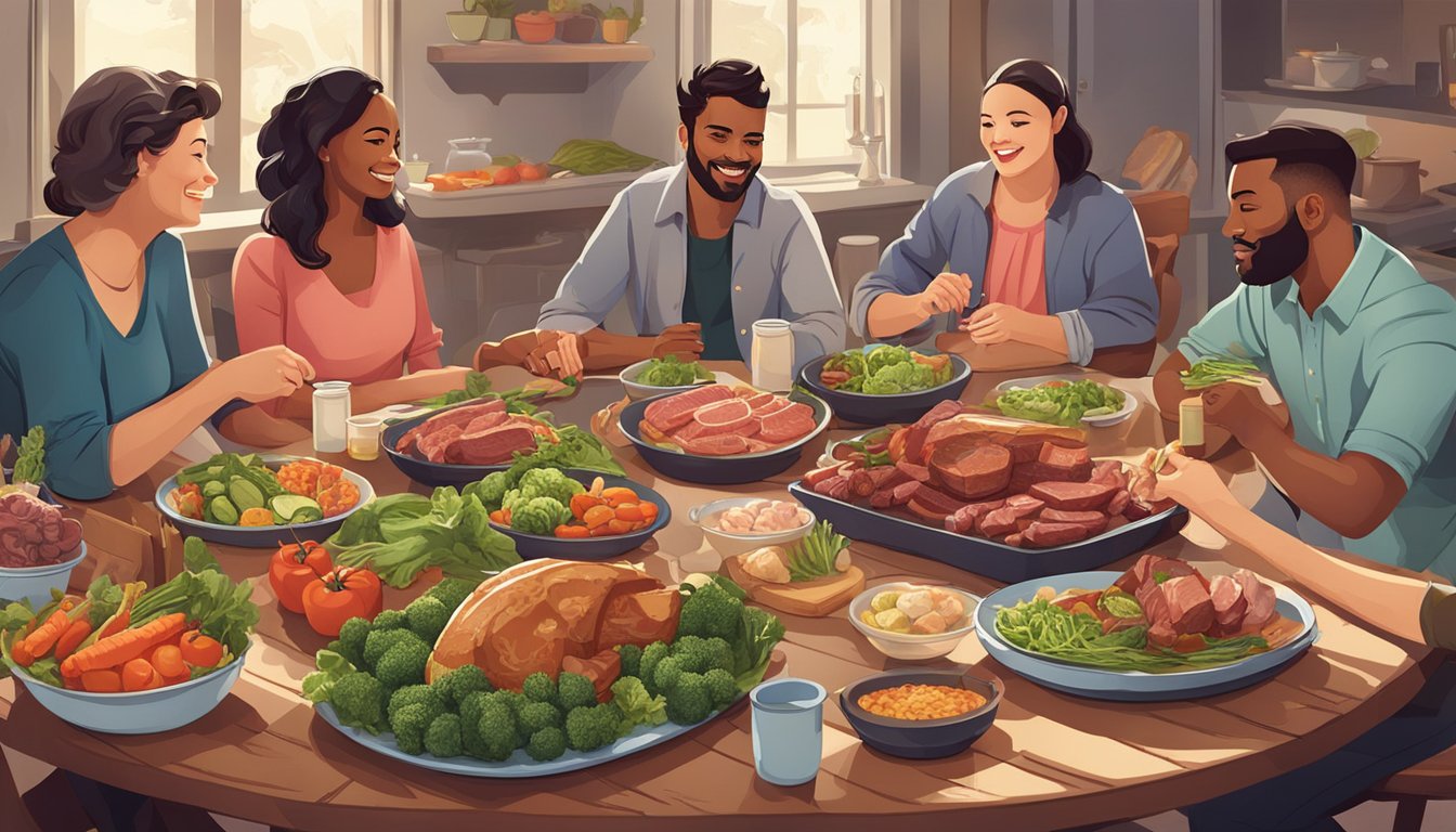 A group of people gather around a table with a variety of meats and vegetables, engaging in conversation and sharing recipes