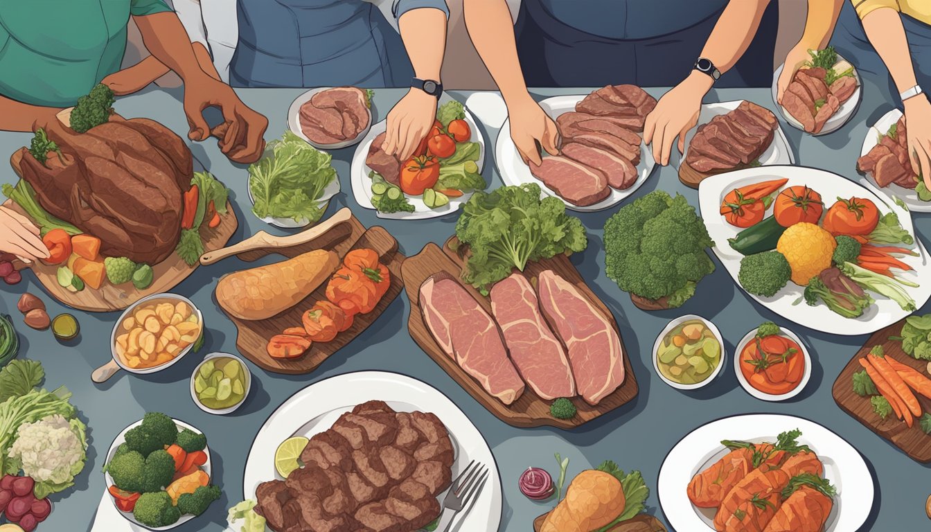 A group of people gather around a table filled with various meats and vegetables, engaging in lively conversation and exchanging tips on navigating challenges and maintaining adherence to the carnivore diet