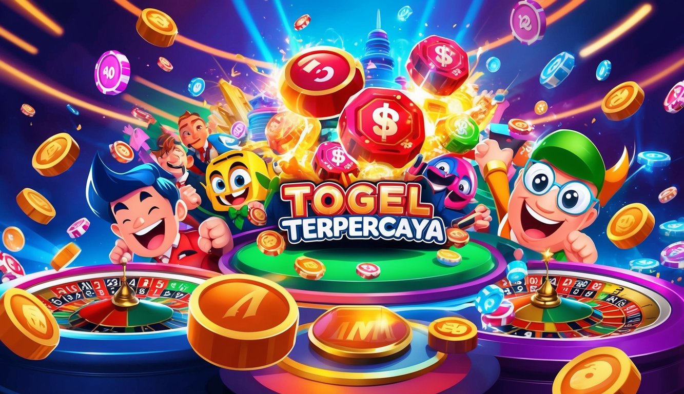 Sebuah adegan yang berwarna-warni dan penuh semangat dari permainan togel terpercaya yang hidup dan ramai dengan karakter animasi dan energi yang mendebarkan