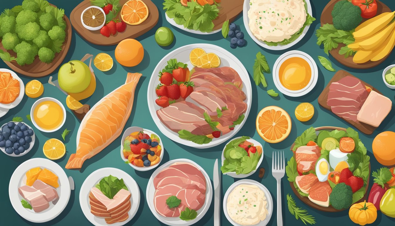 A dining table with a variety of meats, fish, eggs, and dairy, surrounded by colorful fruits and vegetables, with a balanced meal plan chart on the wall