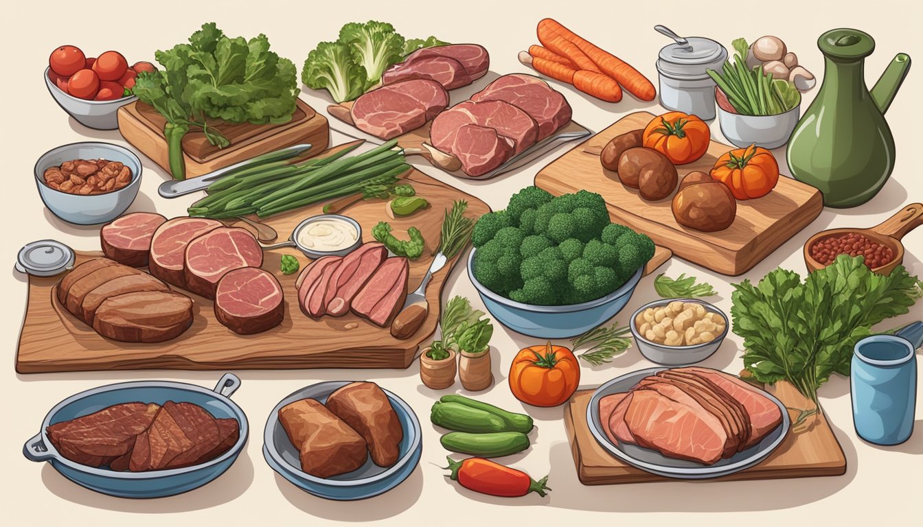 A kitchen counter with a variety of fresh meats, vegetables, and cooking utensils laid out for meal preparation on the carnivore diet