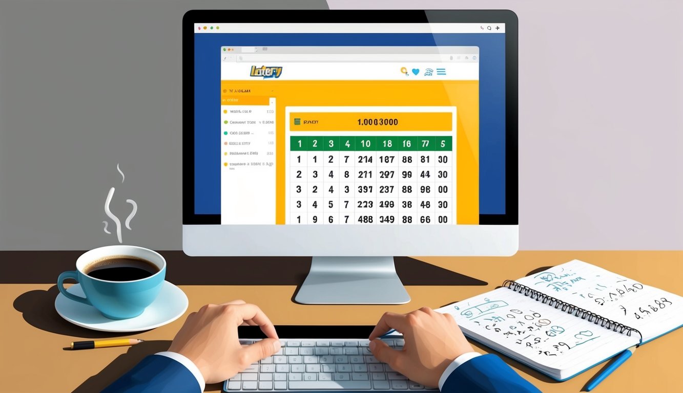 Sebuah layar komputer yang menampilkan situs web dengan nomor lotere, dikelilingi oleh secangkir kopi dan buku catatan dengan perhitungan yang dicorat-coret