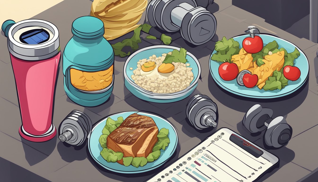 A carnivorous meal plan laid out next to a set of heavy dumbbells and a protein shake, with a blood pressure monitor and a heart rate monitor nearby