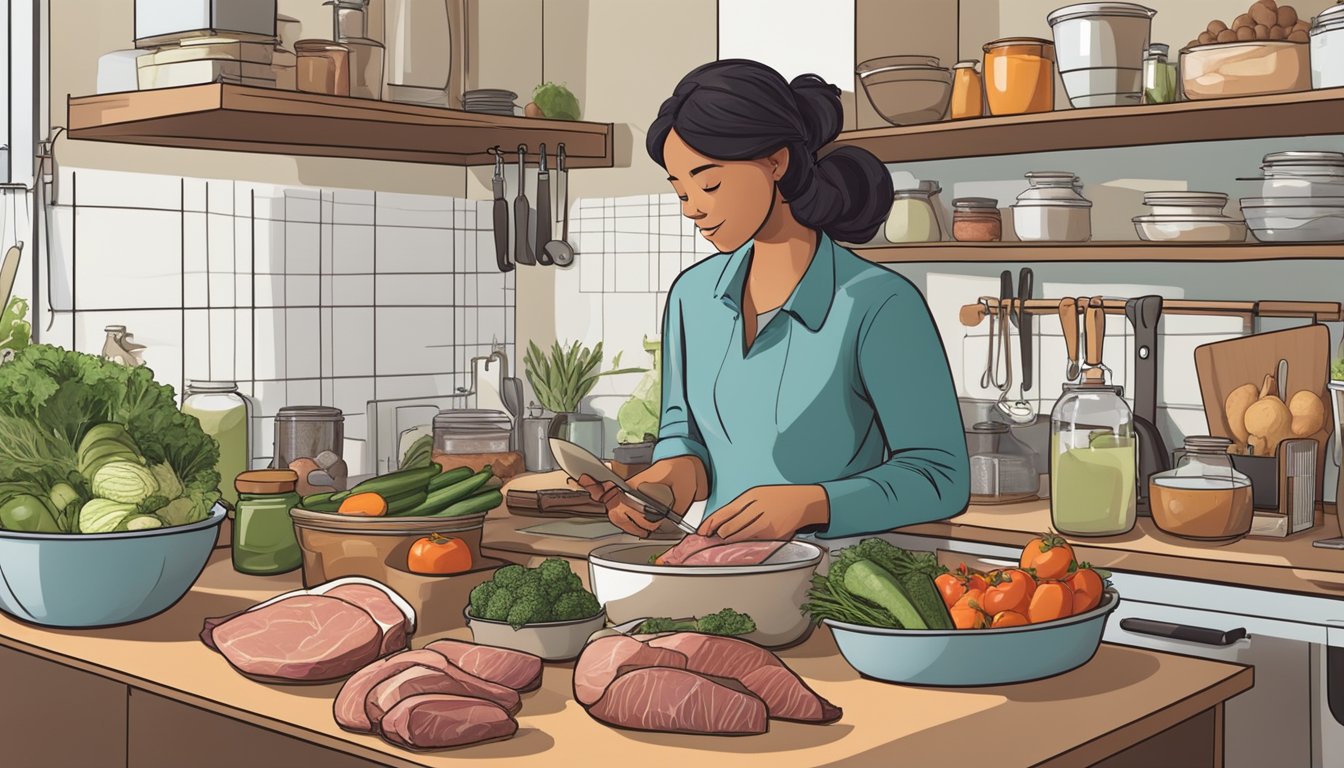 A person preparing a variety of fresh meats and vegetables on a clean, organized kitchen counter. A scale and measuring cups are nearby, along with a notebook for tracking progress