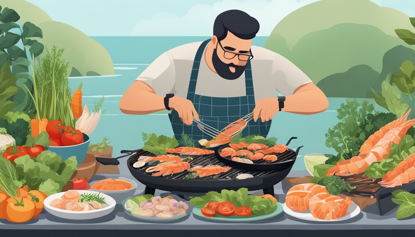 A person grilling a variety of seafood on a barbecue, surrounded by fresh vegetables and herbs