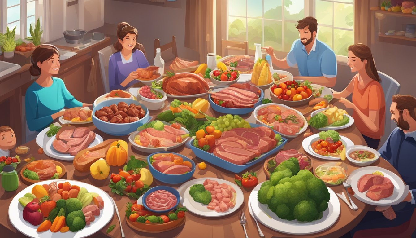 A family sitting around a dining table with plates filled with a variety of cooked meats and animal products, surrounded by colorful fruits and vegetables