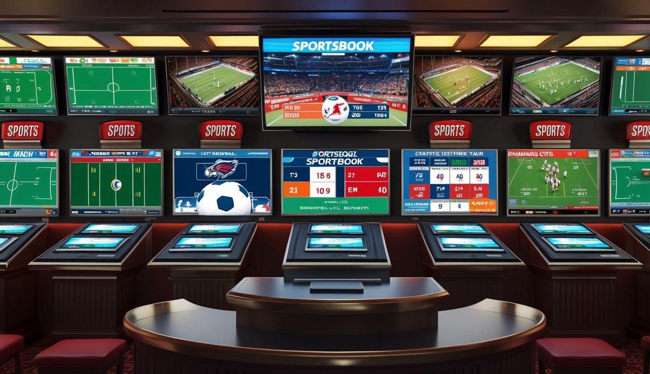 Sebuah sportsbook dengan layar elektronik yang menampilkan berbagai acara olahraga dan odds