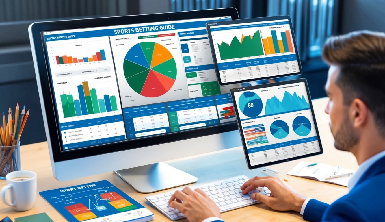 Panduan taruhan olahraga dengan berbagai grafik, statistik, dan diagram yang ditampilkan di layar komputer