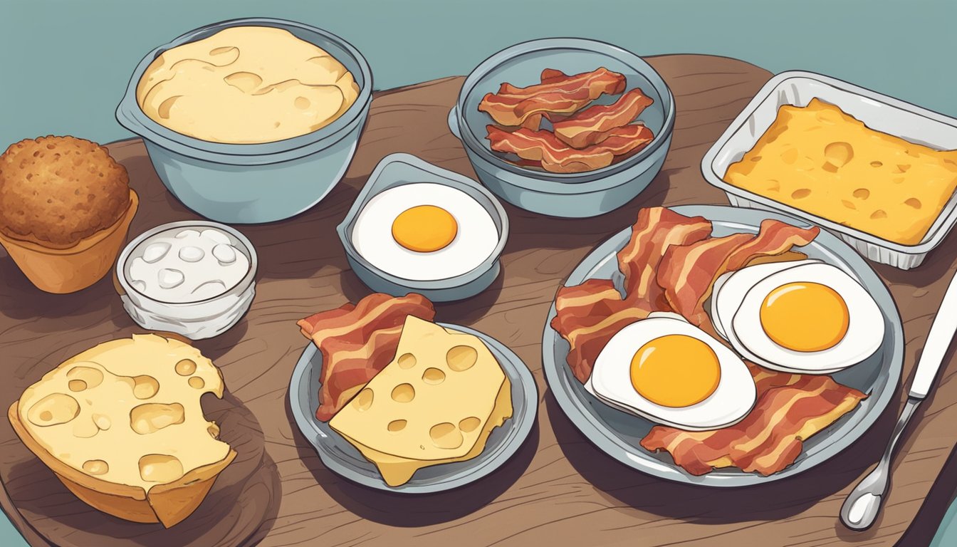 A table with ingredients like eggs, bacon, and cheese, along with a muffin tin and a mixing bowl