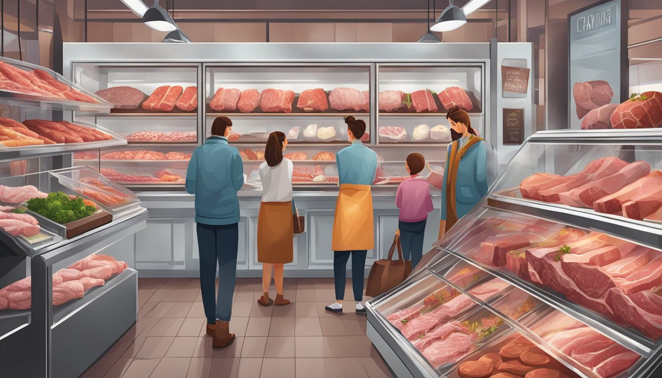 A family at a butcher shop, choosing various cuts of meat and animal products from a display case