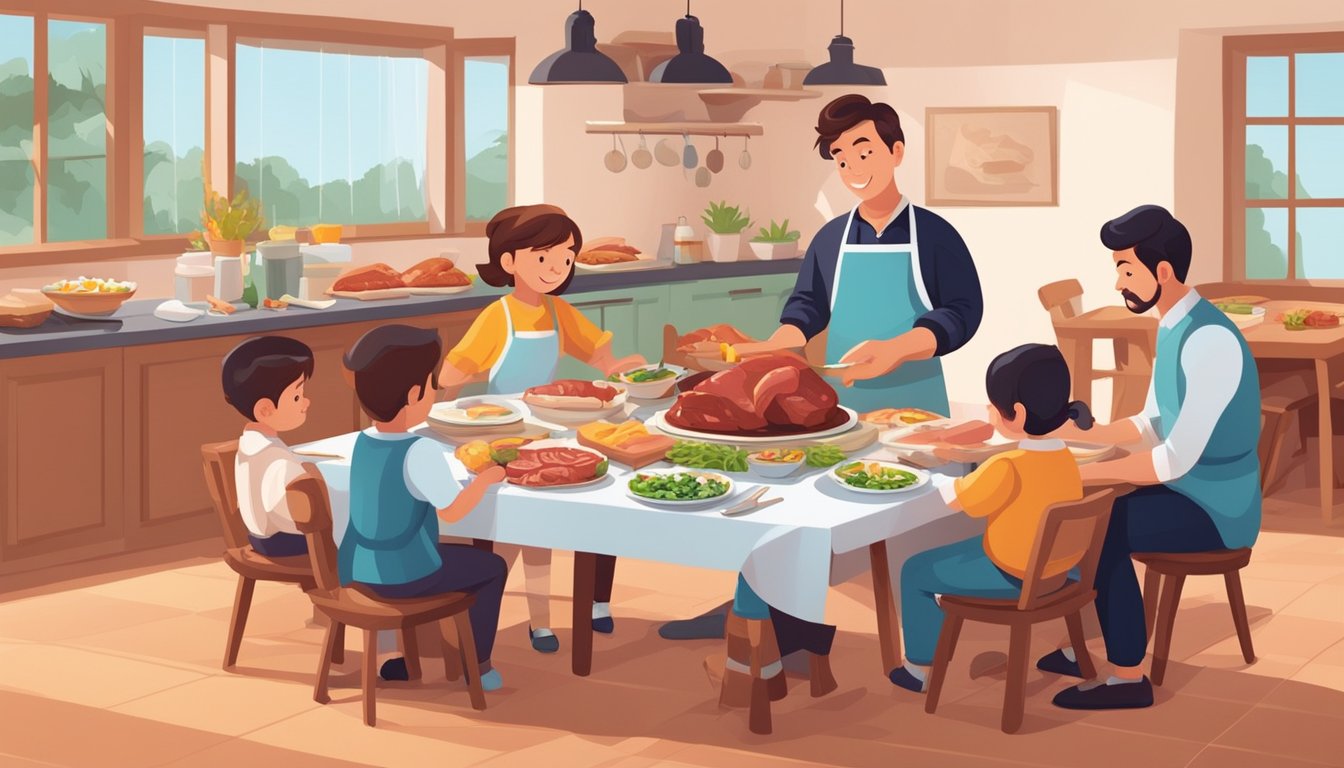 A family dinner table with various cuts of meat, eggs, and dairy products. A chef preparing a meat-based meal while children eagerly watch