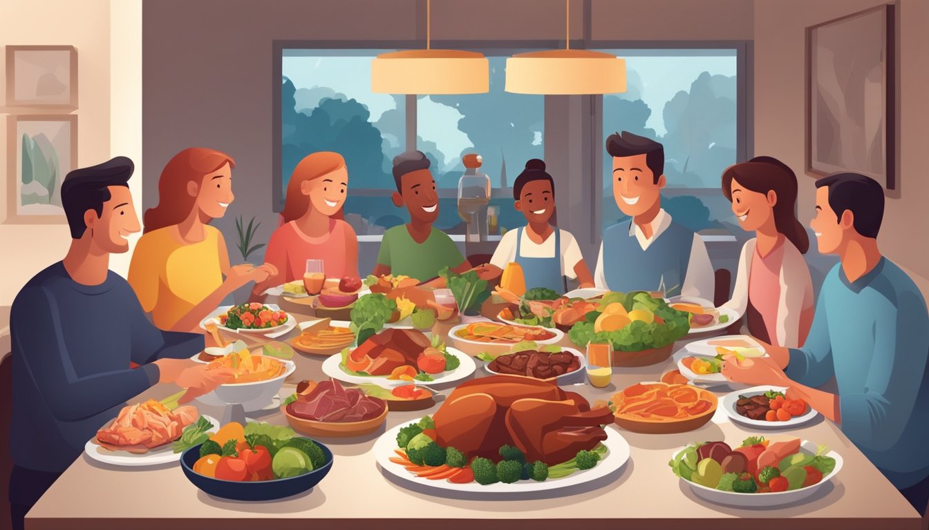 A family sitting around a dining table with a variety of meat dishes, vegetables, and fruits. Everyone is enjoying a hearty meal together