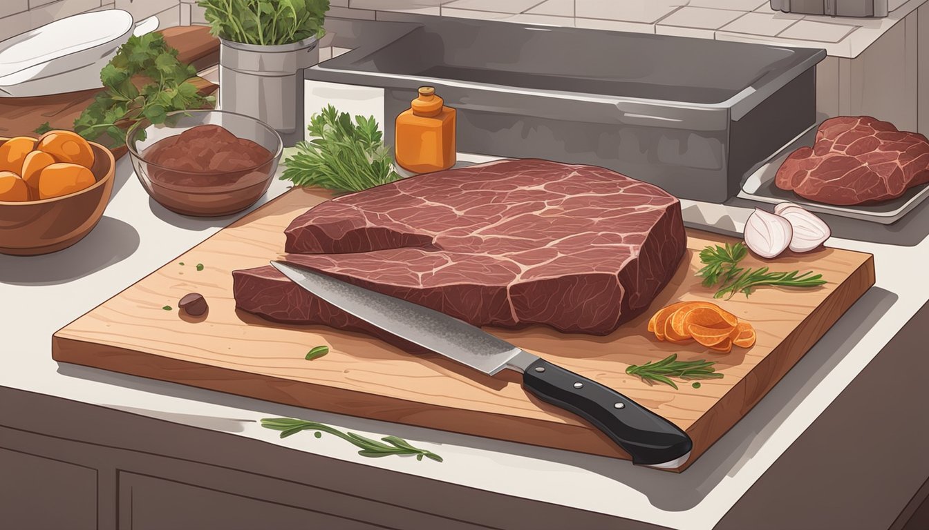 A kitchen counter with a cutting board, knife, and a raw liver. Ingredients like salt, pepper, and herbs are nearby