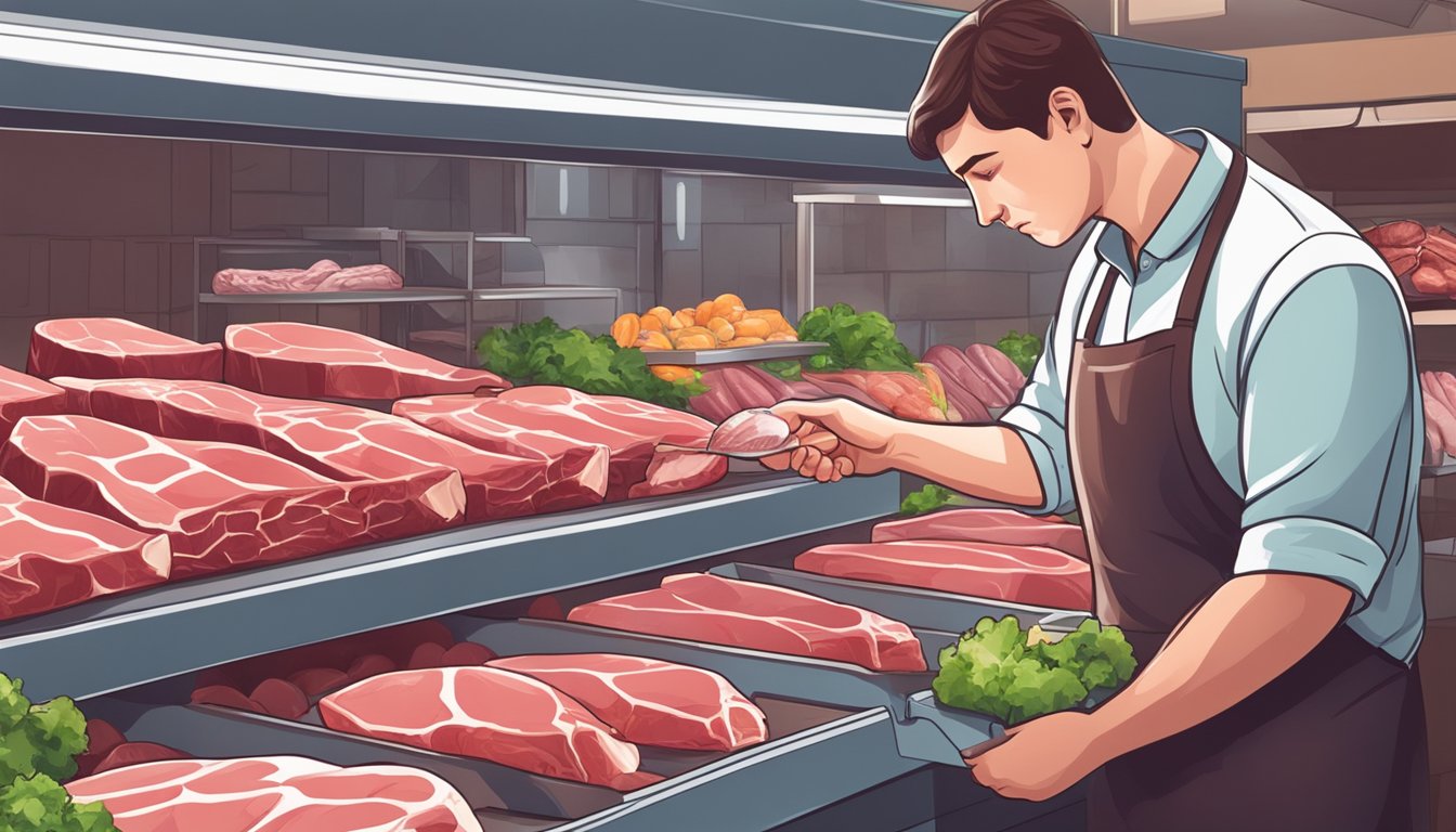 A carnivore carefully selects fresh, high-quality liver from a butcher's display