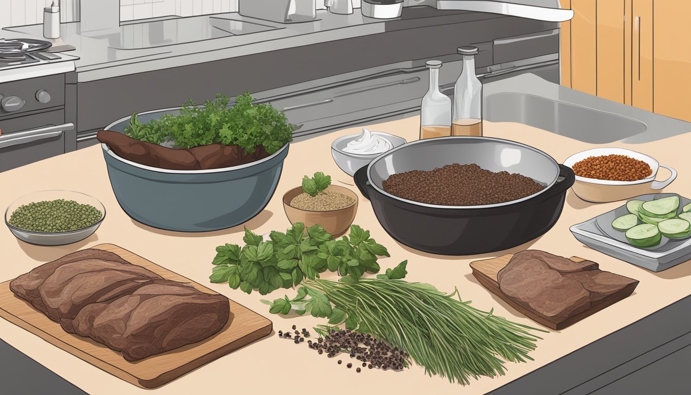 A kitchen counter with fresh liver, herbs, and spices laid out for making carnivore-friendly liver pâté