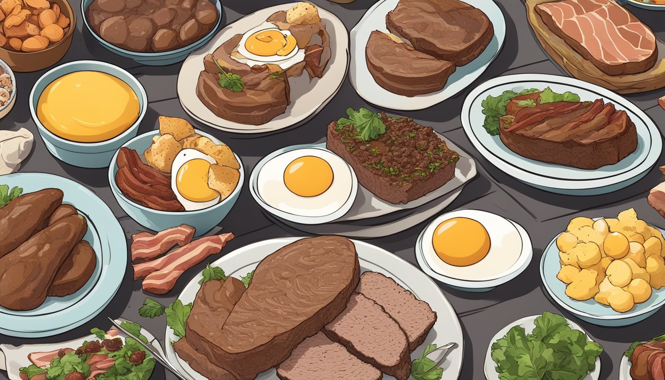 A plate of liver pâté surrounded by various carnivore-friendly foods like eggs, bacon, and beef