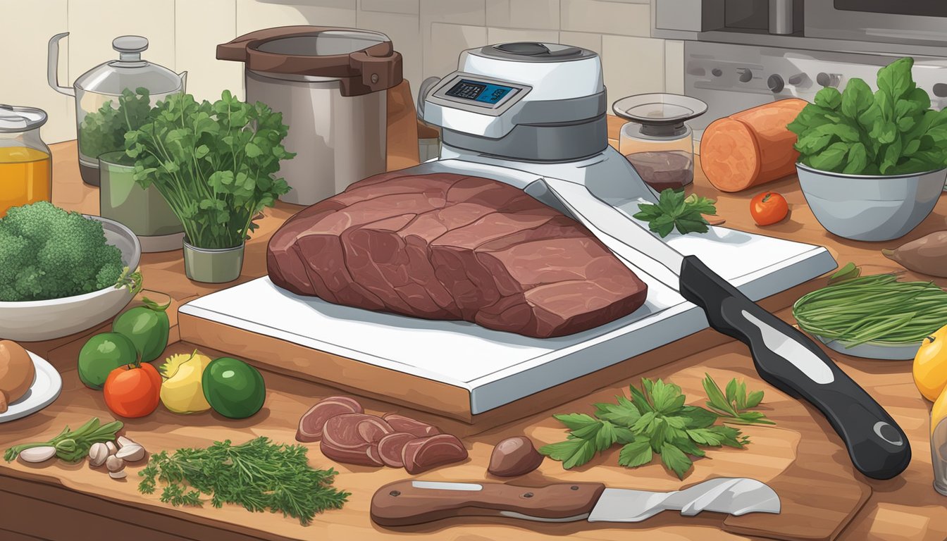 A kitchen counter with a cutting board, knife, raw liver, herbs, and a food processor