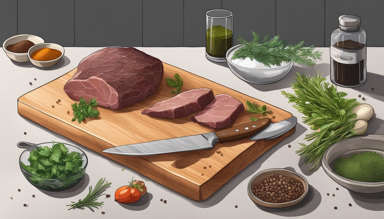 A kitchen counter with a cutting board, knife, raw liver, and various herbs and spices