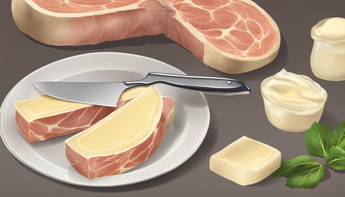 A large bone split open, revealing rich, creamy marrow. A knife spreads the marrow onto a piece of meat, creating bone marrow butter