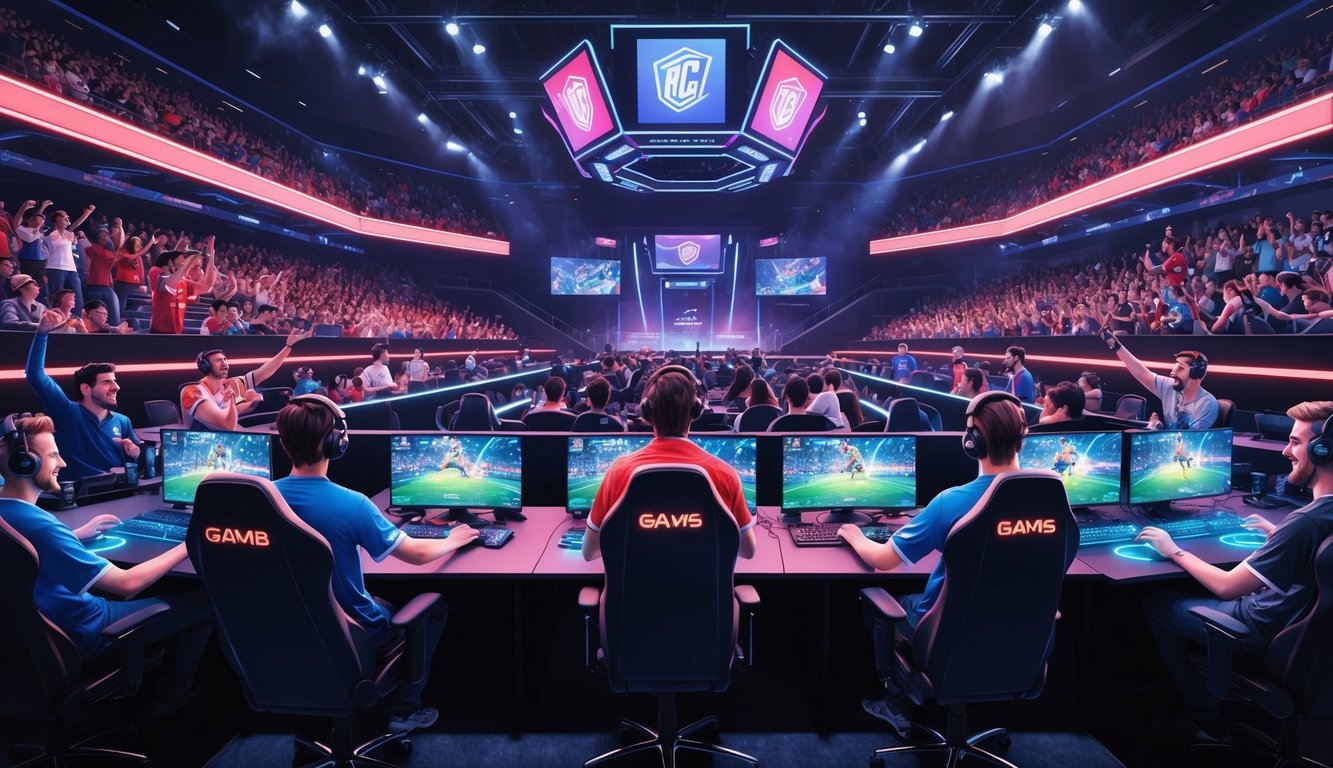 Sebuah arena e-sports yang ramai dengan para gamer kompetitif dan penonton yang bersorak