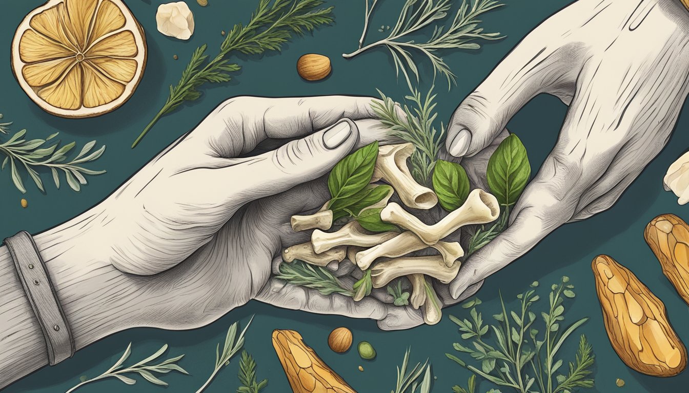 A hand holding a bone with exposed marrow, surrounded by herbs and seasonings